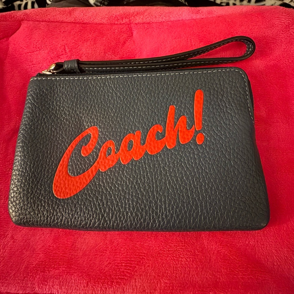 Coach Navy Leather Wristlet with Red Script Logo